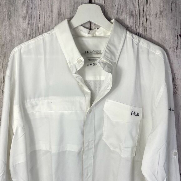 HUK Men's Tide Point Long Sleeve Shirt | Performance Button Down, White, Large N - Picture 3 of 10